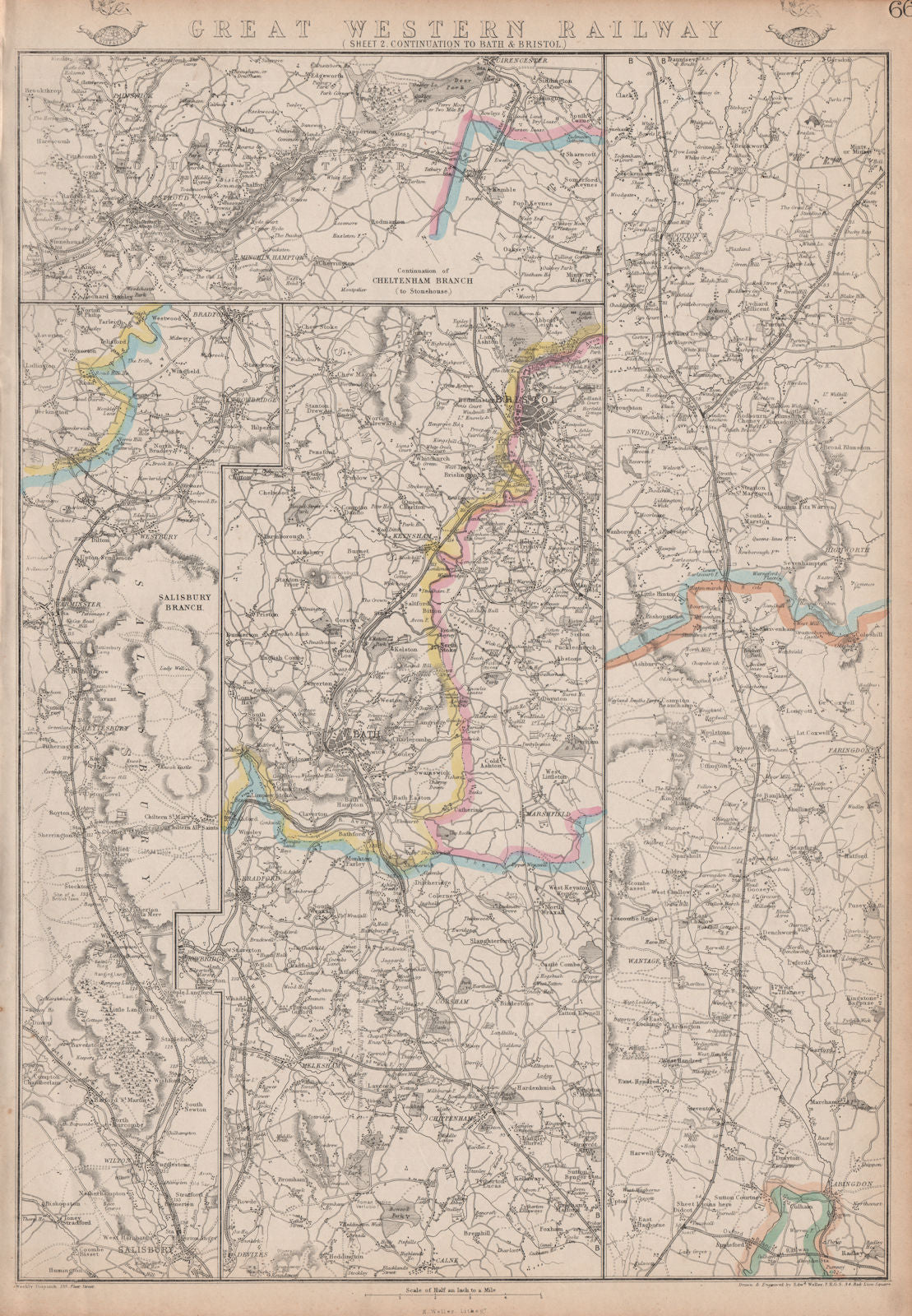 GREAT WESTERN RAILWAY 2. Didcot to Bath, Bristol & Cheltenham. WELLER 1863 map